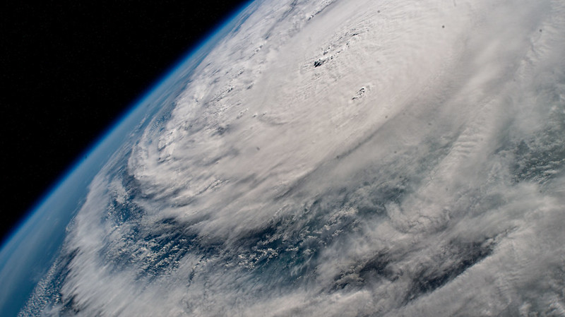 A photo of Hurricane Milton in the Gulf of Mexico. A photo of the earth from space, with Hurricane Milton seen in the atmosphere over the Gulf of Mexico.