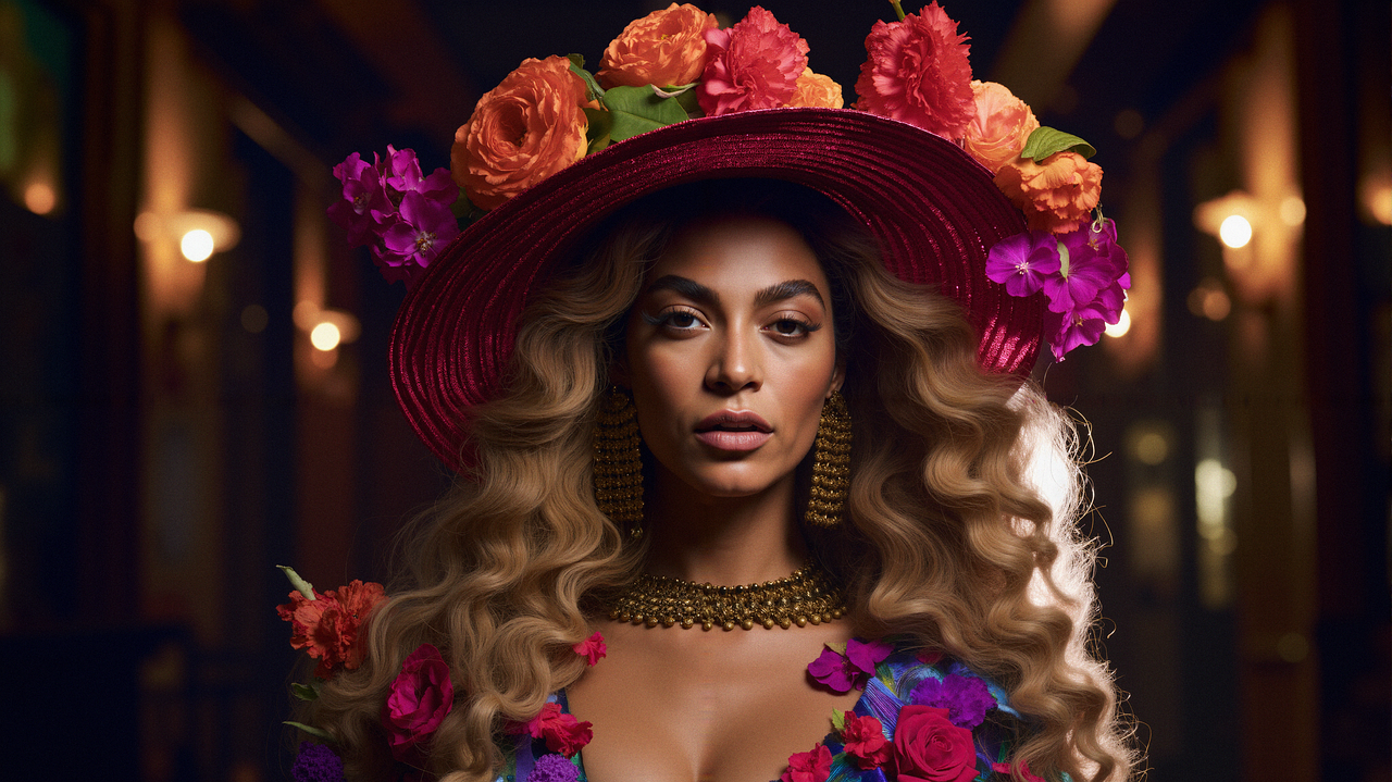 A photo of Beyonce. A photo of Beyonce, wearing a hat covered in flowers and a matching dress.