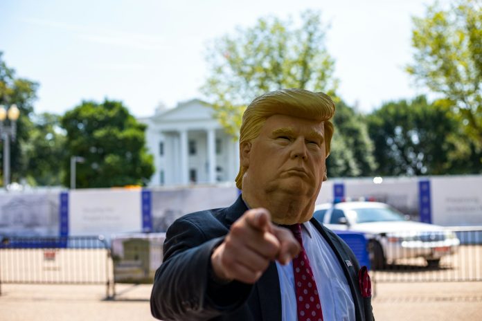 Person wearing a Trump mask.