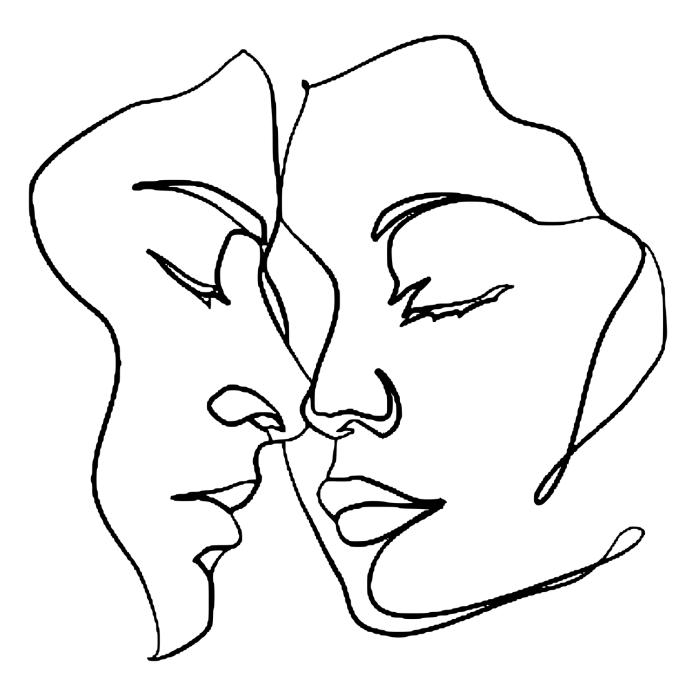 A single line illustration portrait of two women's faces close together, with their noses touching.