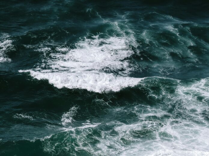 The photograph shows an overhead shot of the ocean, with blue waves and white spray.