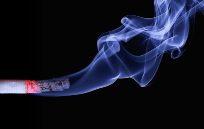 The photogrpah shows a closeup of the end of a cigarette. The end is glowing red and there is smoke coming off it.