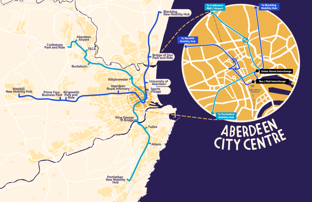 Map showing development of Aberdeen's bus routes (Source: Nestrans)