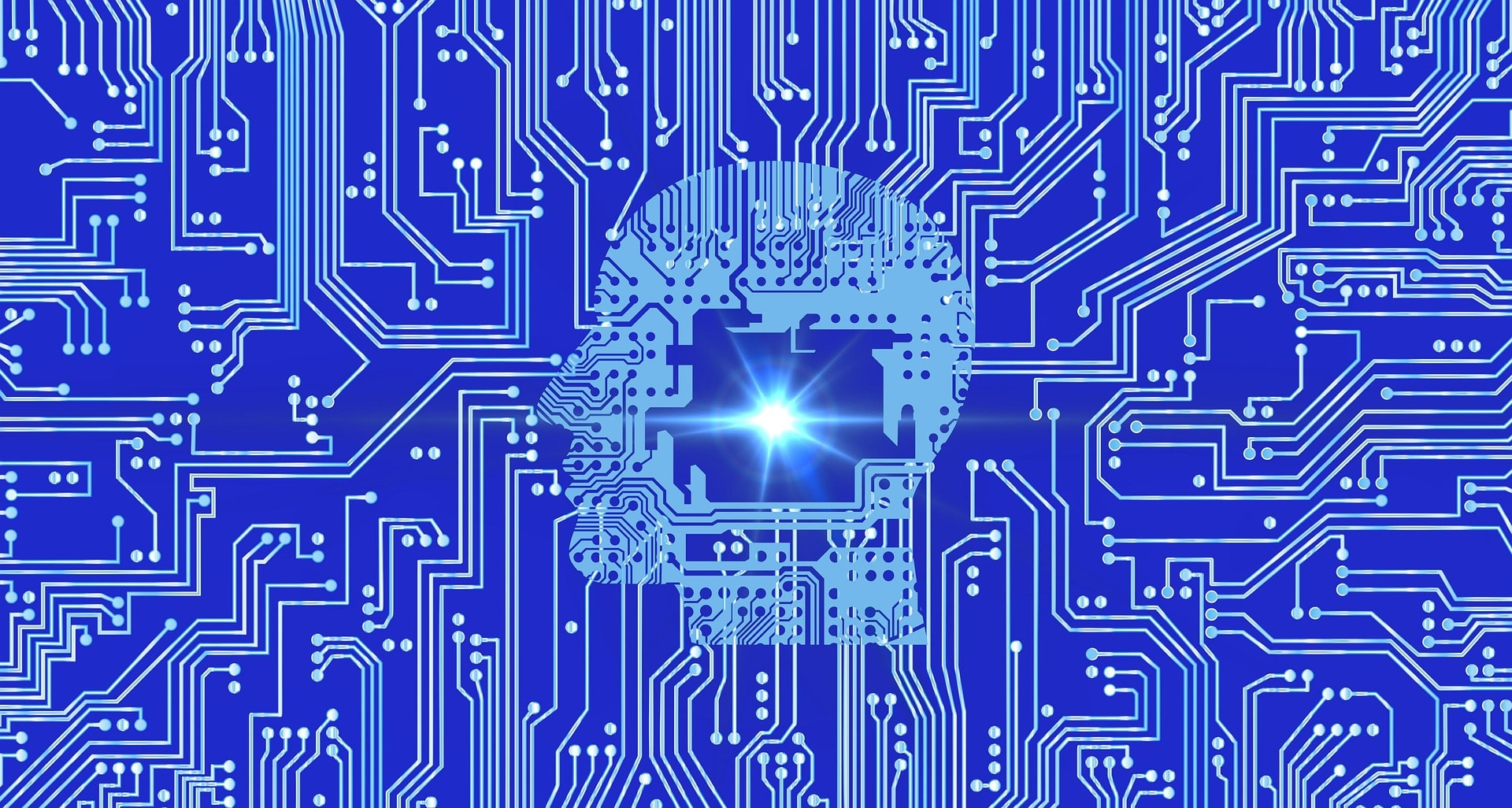 AI Article Image Blue circuit board; all wires leading to human brain.