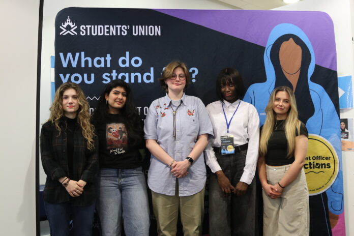 Elected AUSA officers. Left to right: Olivia Demonstranti, Mitalee Suchak, Kaitlin Agius, Courage Mene, Hannah Cowie. Courtesy of Aberdeen University Students' Association